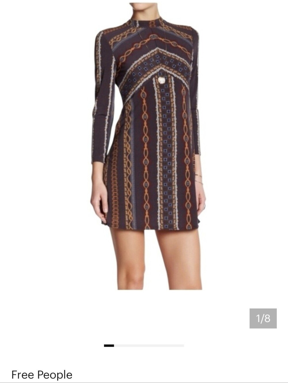 NWOT Free People Brown Geometric Print Long Sleeve A-Line Dress